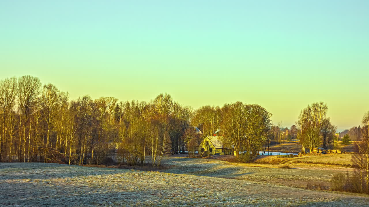 아오르는 태양은 서서히 노란색 담요처럼 숲의 풍경을 고 있습니다.