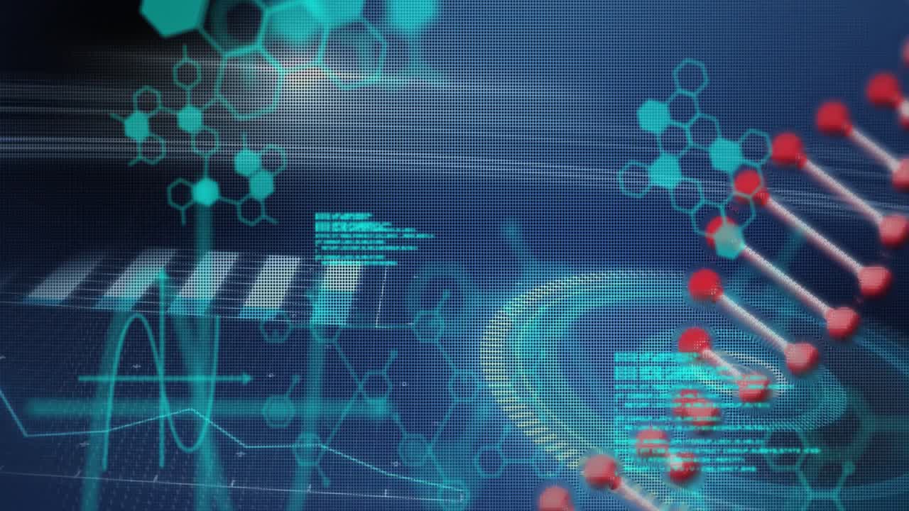 Animation of dna strand spinning and scientific data processing on blue background