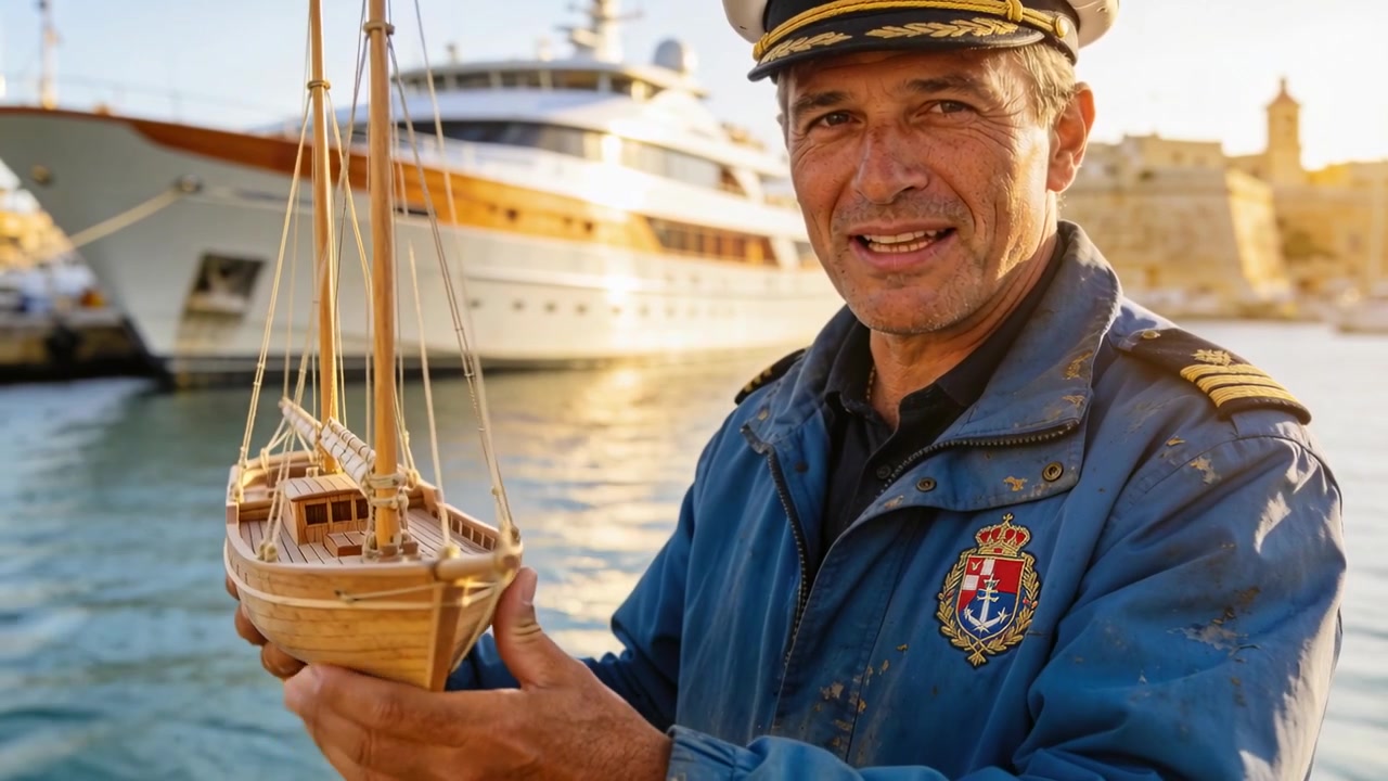 Riprese di un capitano con cappello e giacca blu che indica un modellino di barca a vela in legno al porto turistico, mostrando i dettagli.