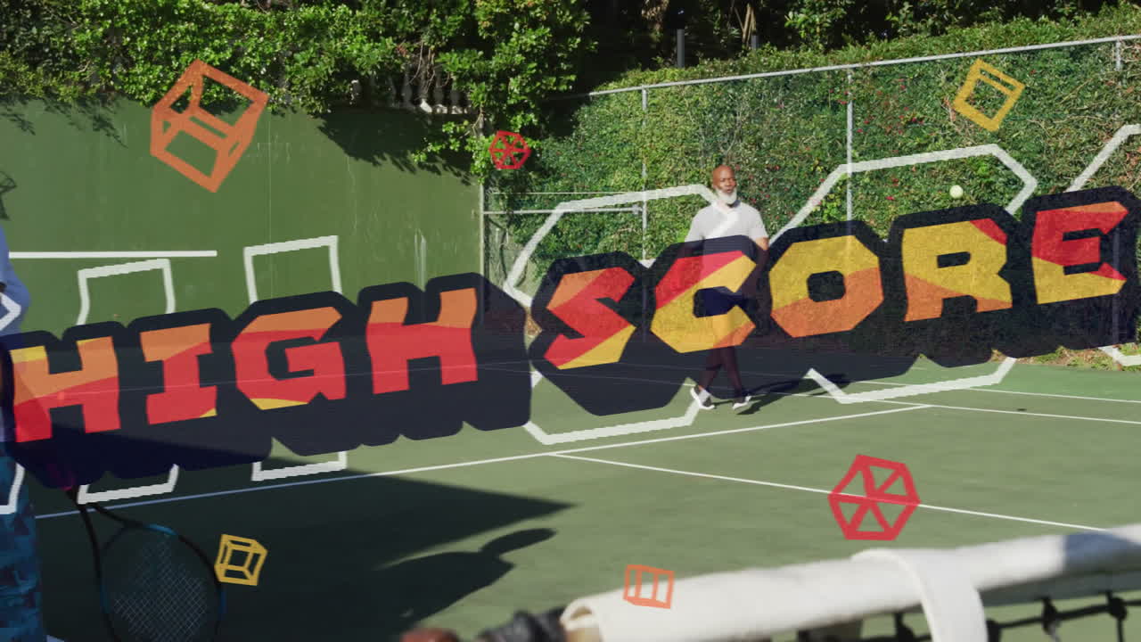 senior player and male player rallying on tennis court, displaying HIGH SCORE technology graphics