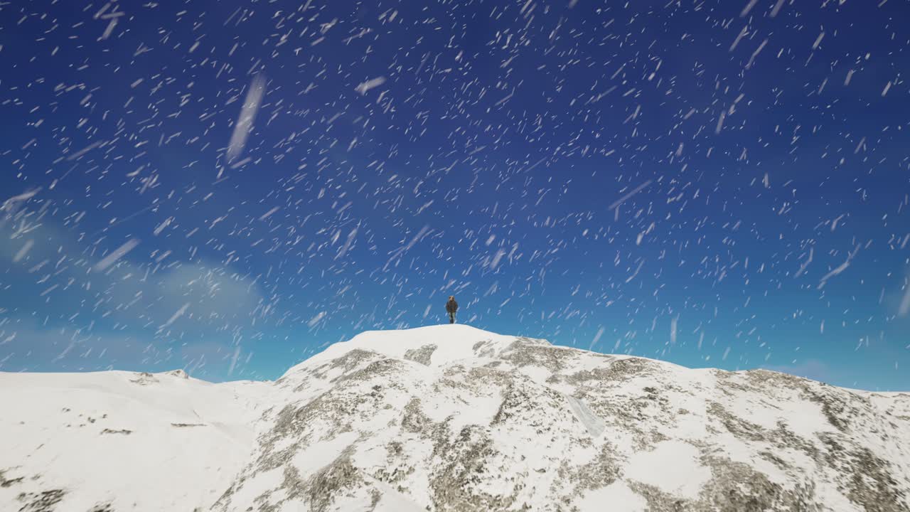 눈 인 산 꼭대기에 서 있는 사람. 추운 눈이 쌓인 풍경, 공중 풍경, 비현실적인 4k 스크린
