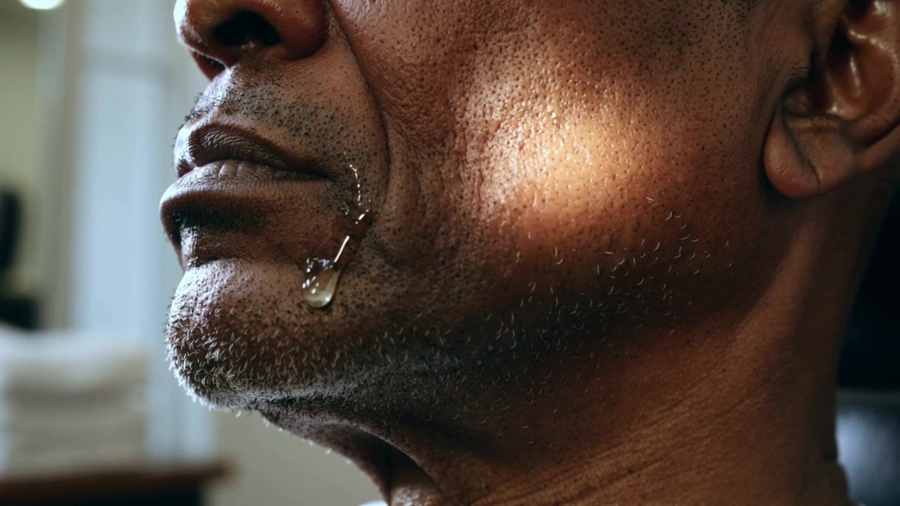Droplet growing at mouth on senior man stretching down jawline, gravity pulling at home, dark top