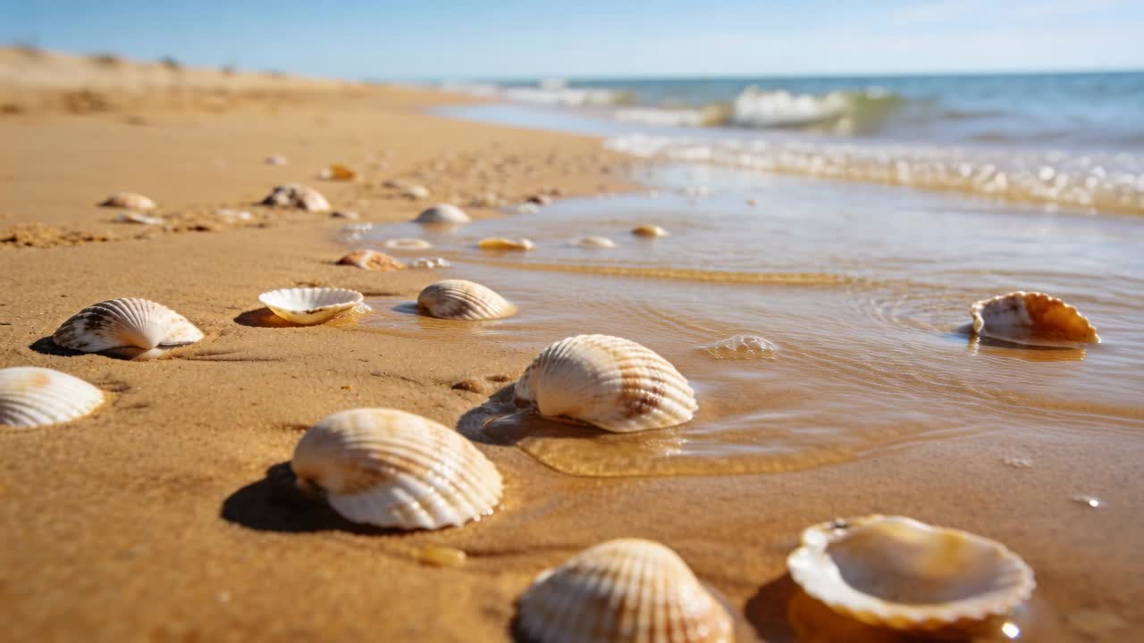 La telecamera si allontana mentre le onde avanzano, conchiglie che formano increspature e canali di sabbia, per il viaggio.