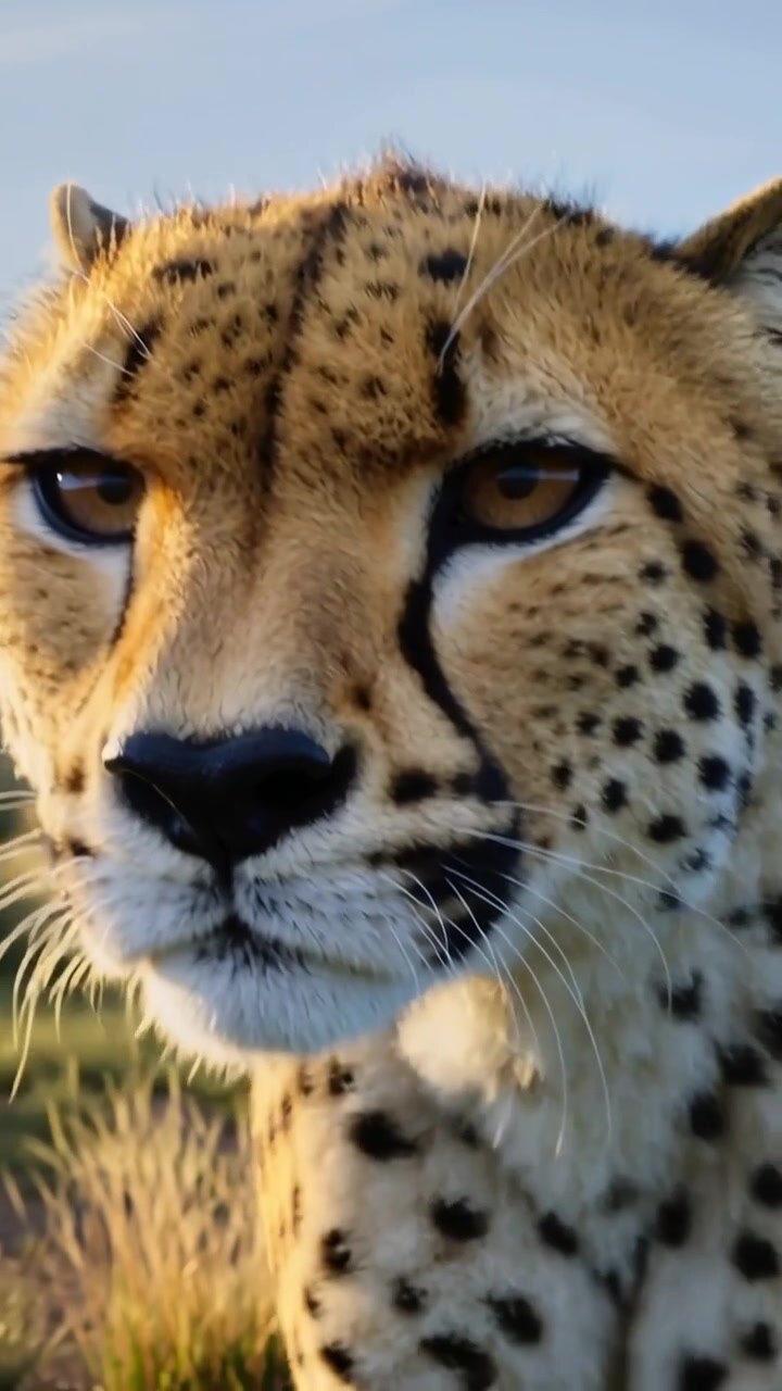 Vertical video: Noticing close-up, cheetah edging closer in dry grass, showing whiskers, low hills
