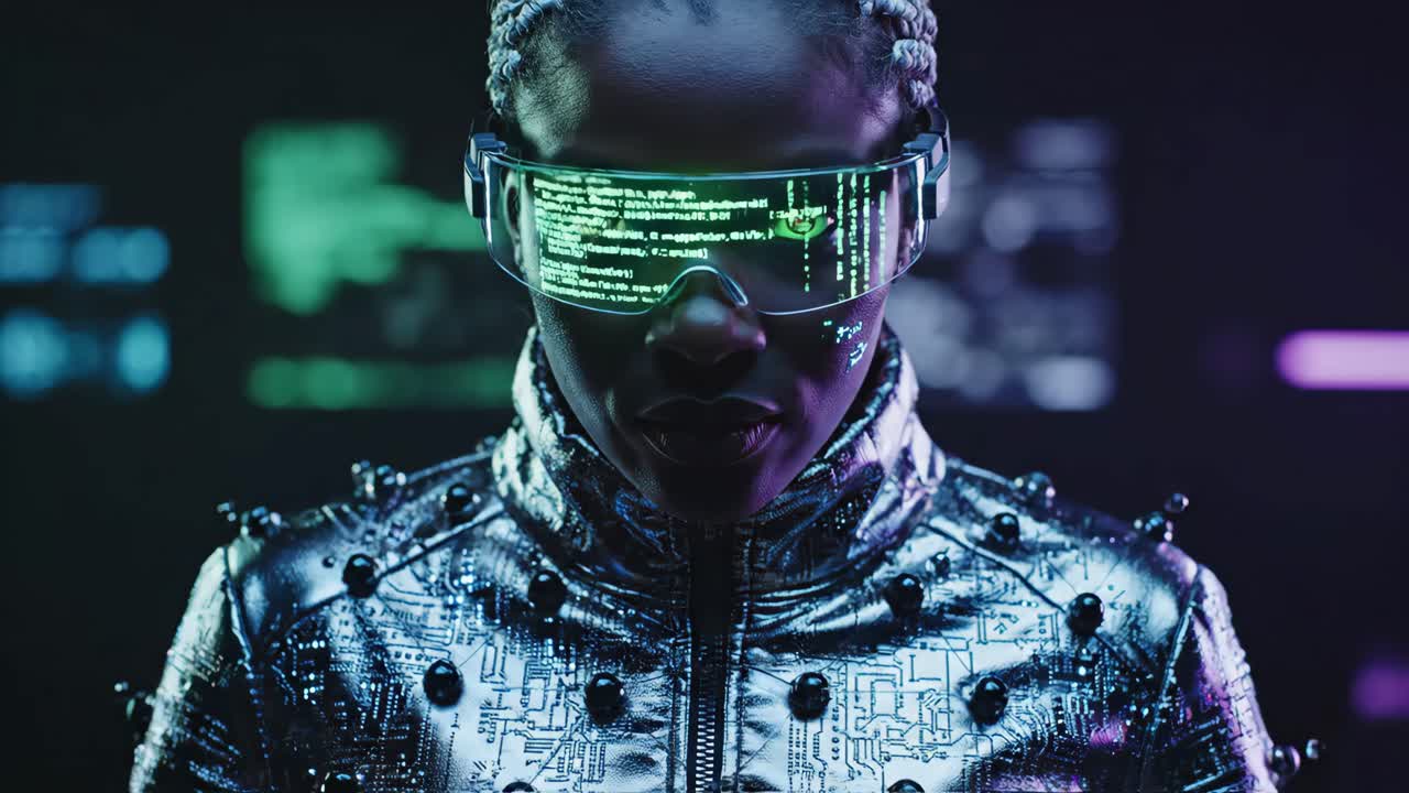 Donna cyberpunk con tecnologia futuristica