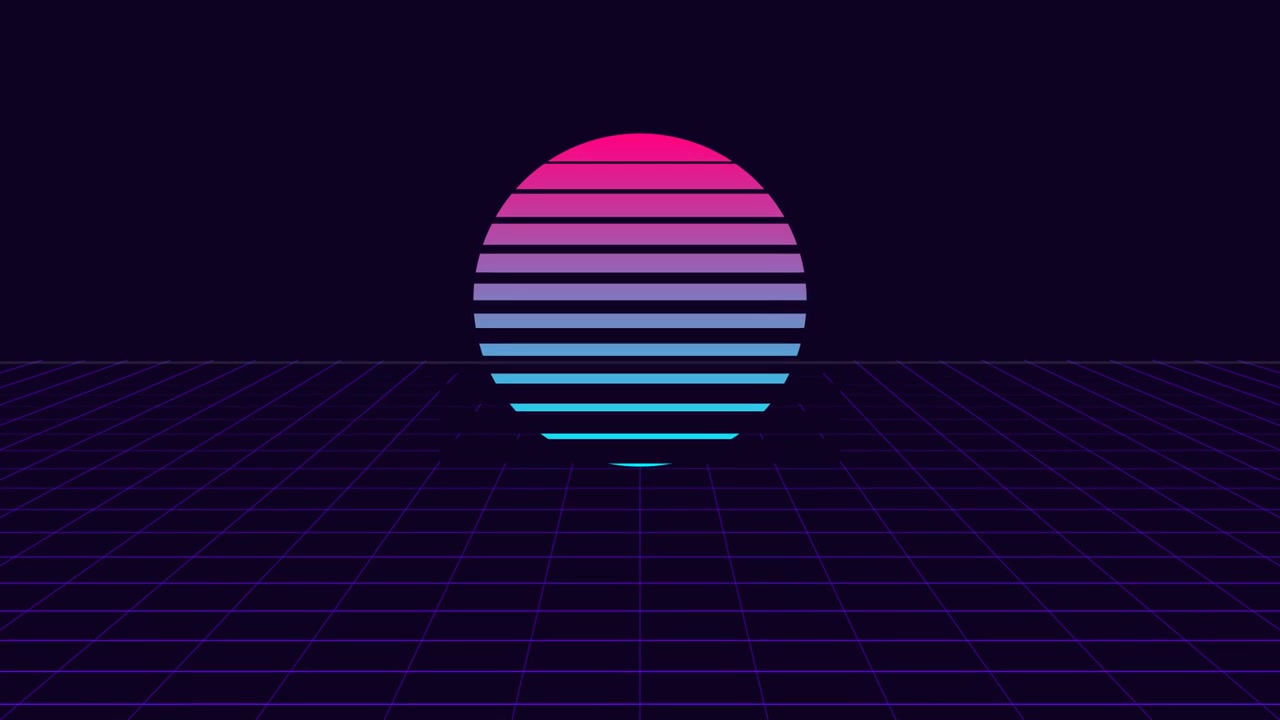 Griglia in stile retro synthwave con tramonto luminoso