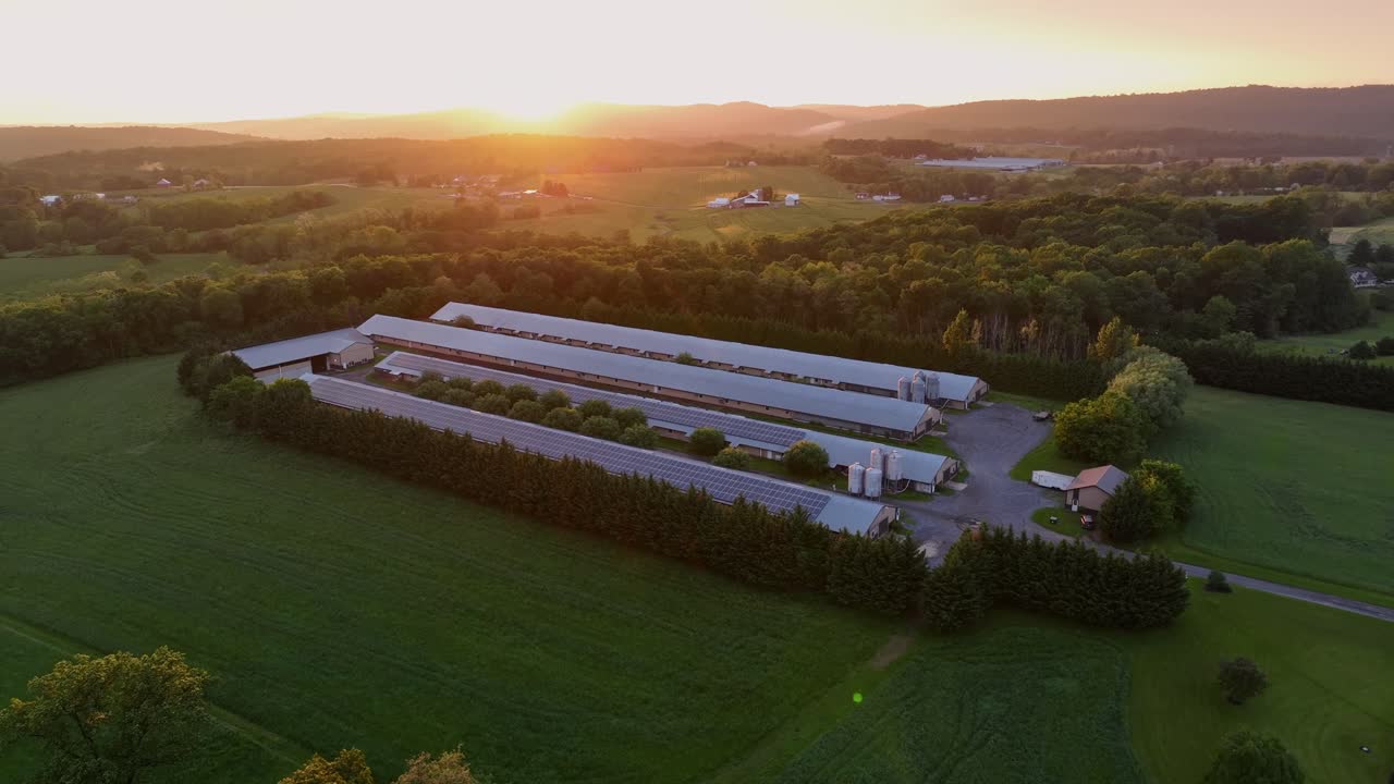 American farm at sunset with long barns and solar panels on the roofs, nestled in lush green fields. Architecture combines sustainability with rural charm, illuminated by the warm sunset. Aerial view.