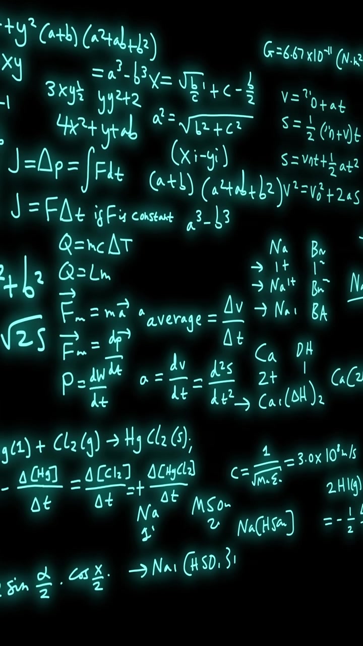 Animazione di formule matematiche ed elaborazione dati scientifici su sfondo nero
