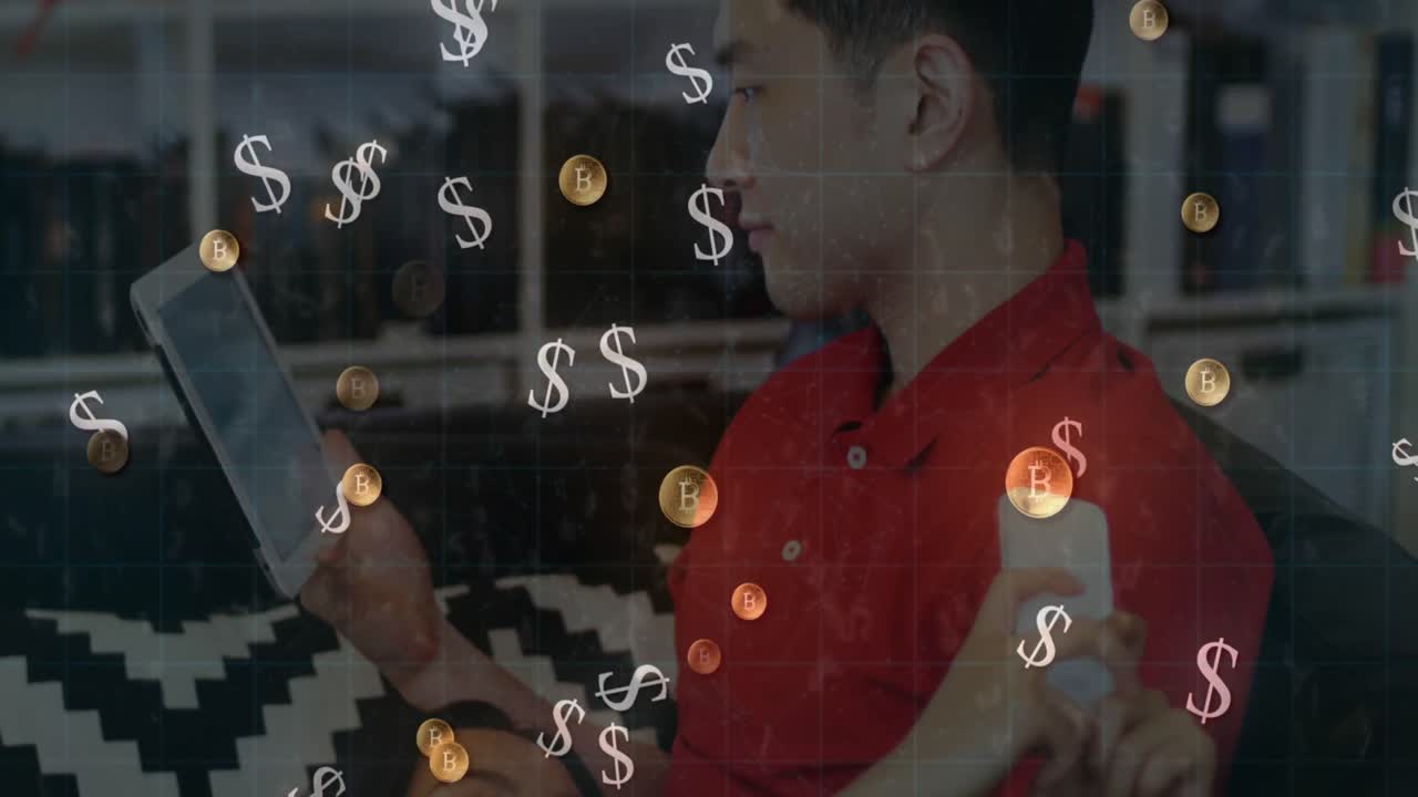 비트코인과 달러 기호가 집에서 전자 장치를 사용하는 커플을 상대로 그리드 라인을 떠다니고 있습니다.