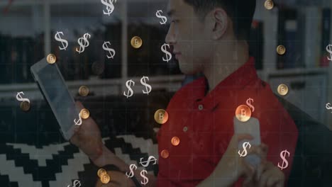símbolos de bitcoin y dólares flotando sobre las líneas de la red contra la pareja usando dispositivos electrónicos en el hogar