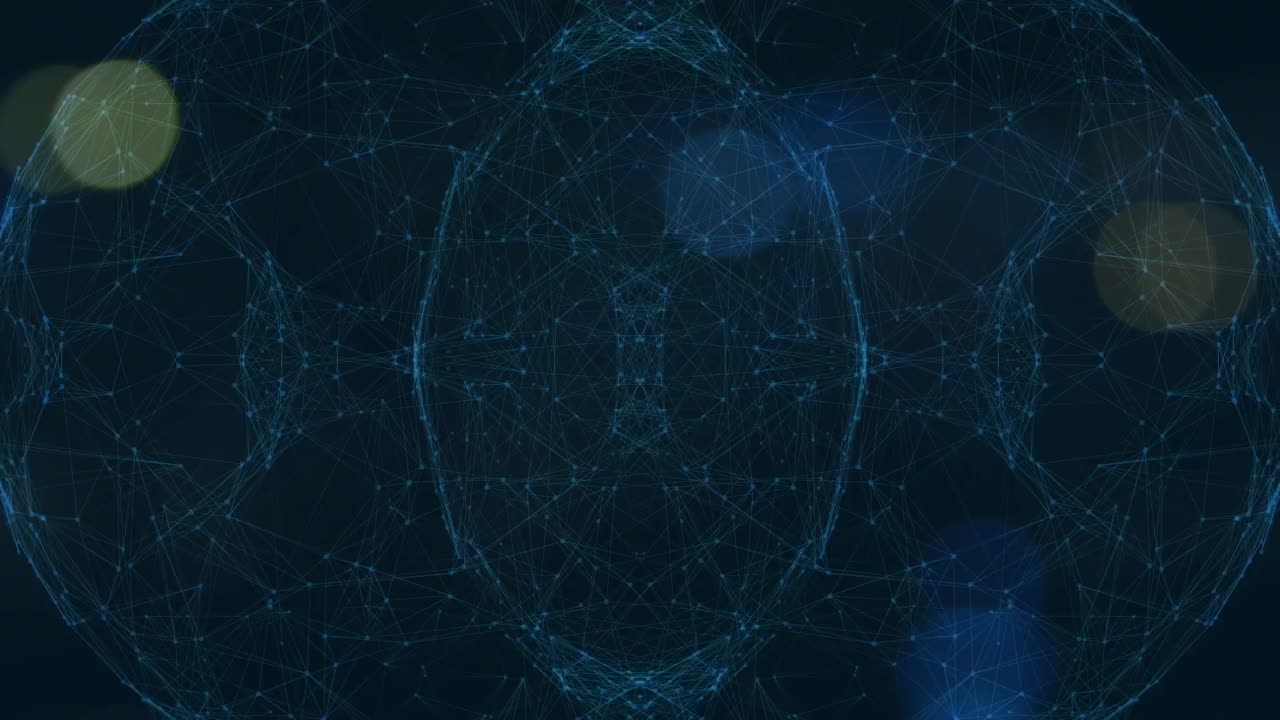 Animation eines globalen Netzwerks von Verbindungen und Bokeh-Lichtern auf schwarzem Hintergrund.