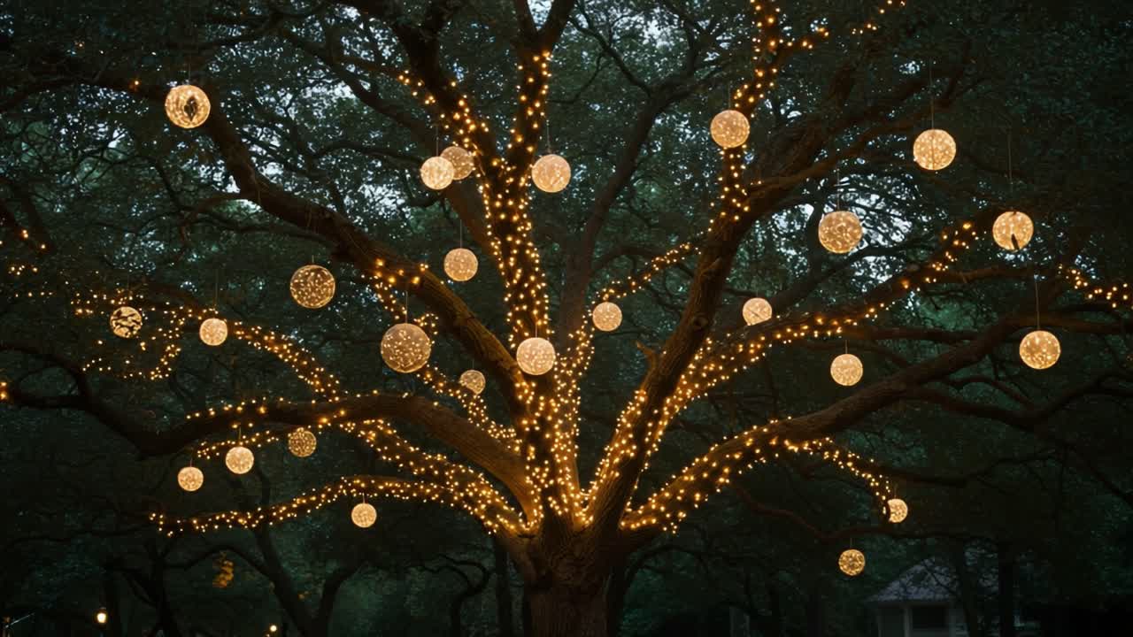 A Magical Tree Adorned with Twinkling Fairy Lights and Decorative Orbs Creates an Enchanting Atmosphere in a Serene Outdoor Setting at Dusk