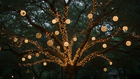 a magical tree adorned with twinkling fairy lights and decorative orbs creates an enchanting atmosphere in a serene outdoor setting at dusk