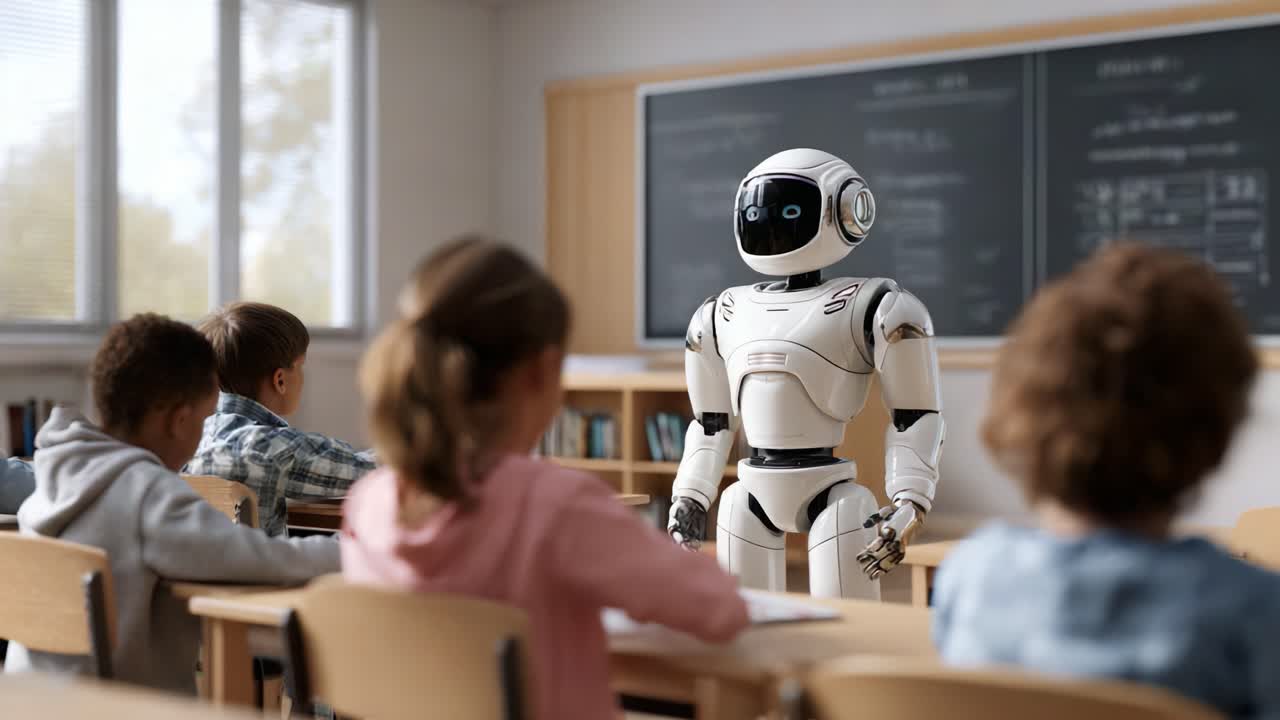 革新的なロボット教師が現代的な教室で生徒と交流し、インタラクティブなテクノロジーとイノベーションを通じて学習体験を向上させます。