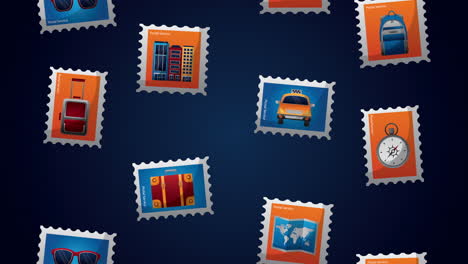 travel around the world animation with items in stamps