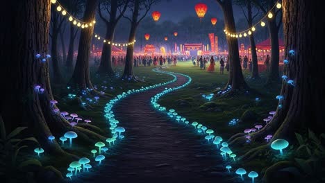A Magical Night Festival Illuminated by Lanterns and Enchanted Mushrooms in a Serene Forest Setting, Capturing the Joyful Spirit of Celebration and Togetherness