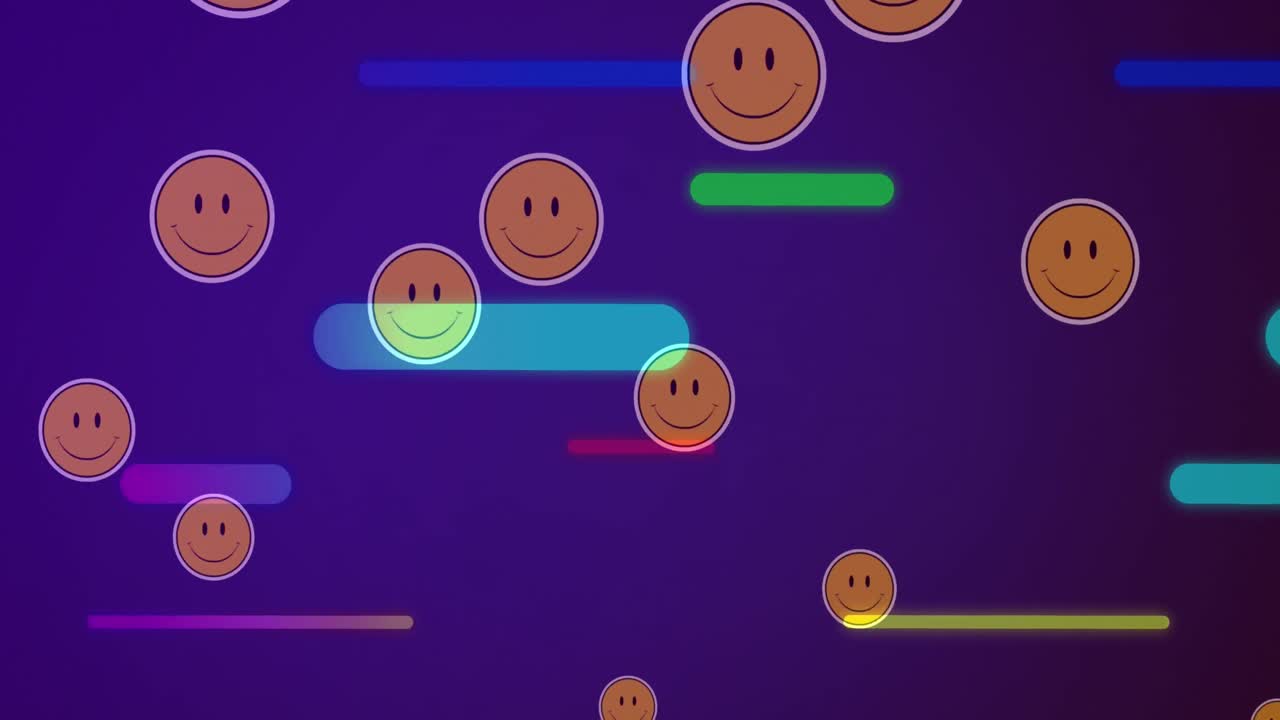 파란색 배경에 다채로운 바를 움직이는 웃는 이모티콘의 애니메이션