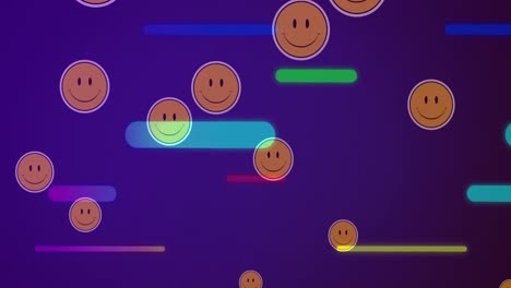 animación de emoticones sonrientes sobre barras multicolores en movimiento contra un fondo azul