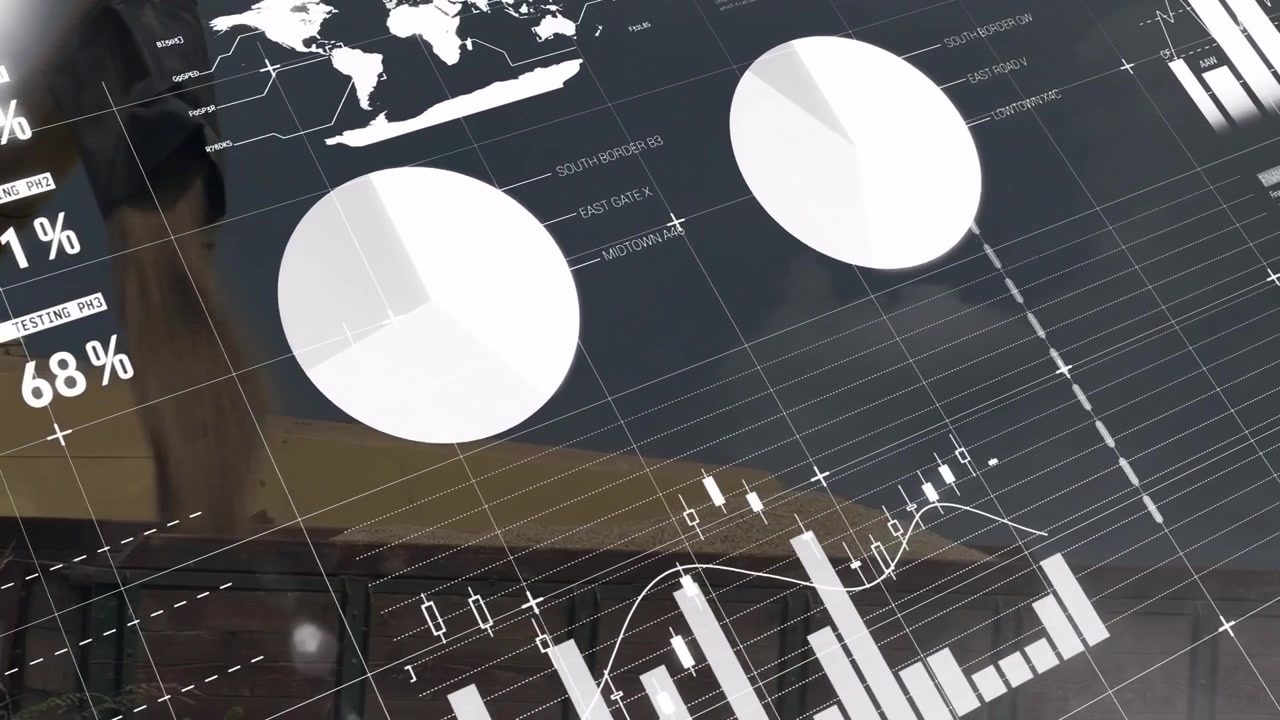Animating financial charts and world map over cityscape background