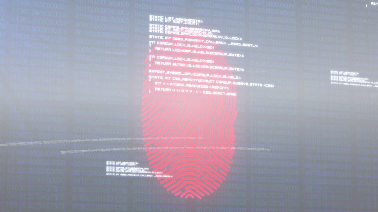 Animation of fingerprint scanning and programming language moving over blurred binary codes