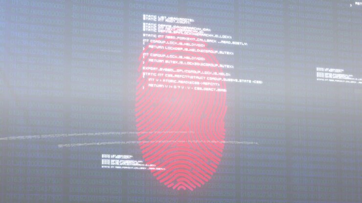 Animation of fingerprint scanning and programming language moving over blurred binary codes