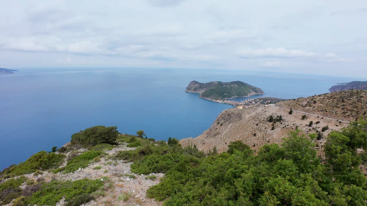 Stunning High Viewpoint of Myrtos Beach with Rugged Mountains and Clear Waters