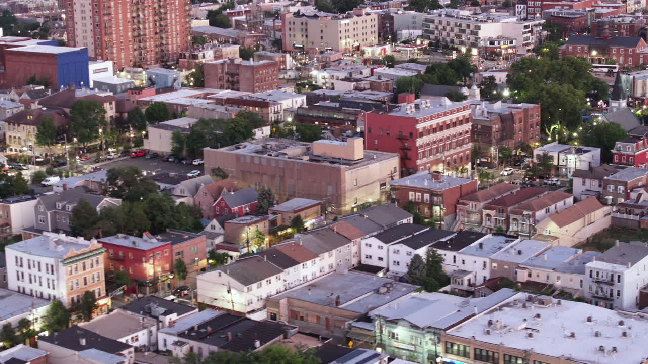 Aerial view of buildings in Brooklyn at night
