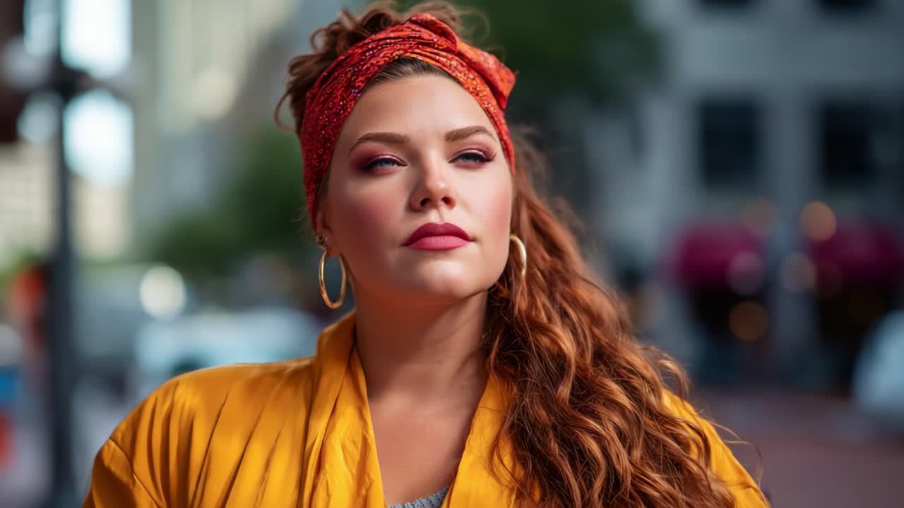 Una donna sicura di sé con un elegante cerchietto posa con grazia in un ambiente urbano, enfatizzando la moda e la bellezza attraverso un trucco espressivo e un outfit colorato
