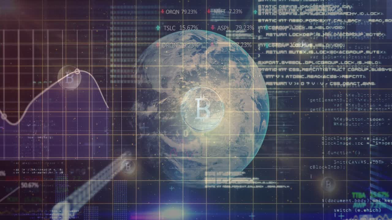 procesamiento de datos financieros sobre el símbolo de bitcoin contra el globo giratorio
