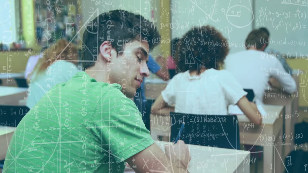 composición digital de ecuaciones matemáticas flotando contra un grupo de estudiantes universitarios que estudian en