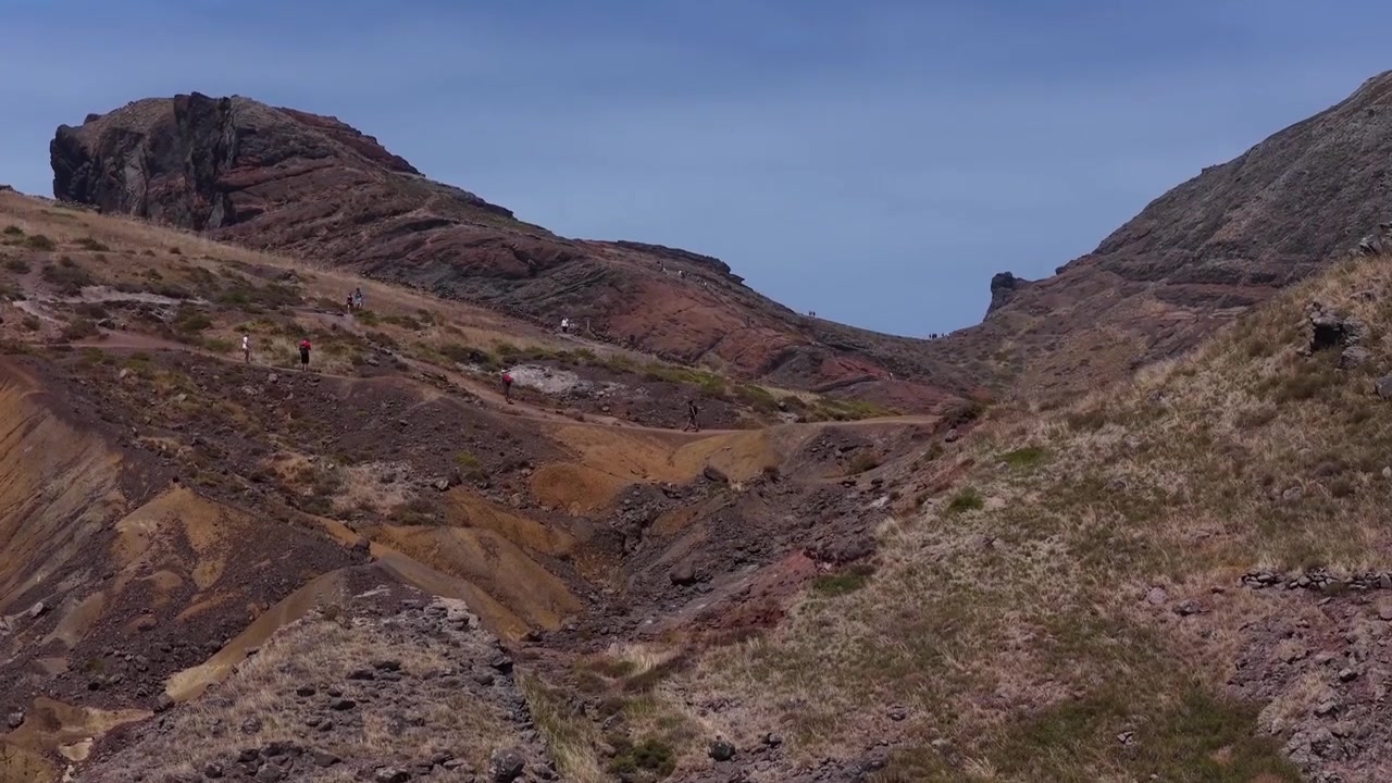 Hikers walk along winding, sunlit trails of PR8 Ponta de São Lourenço, surrounded by dramatic cliffs, volcanic rock, and dry grass under clear blue skies in a wide landscape view.
