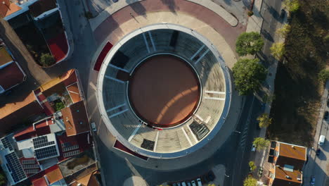 aerial top down view over portuguese empty bullring - almeirim