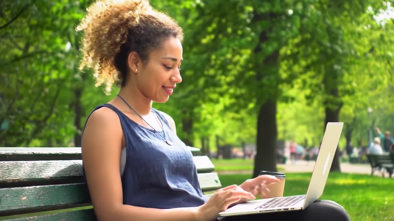 A Young Woman Enjoys a Sunny Day in the Park While Working on Her Laptop, Combining Productivity and Relaxation Amidst Nature's Beauty