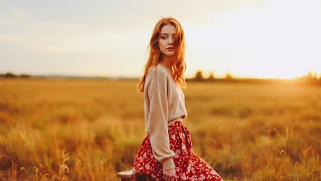 mujer en un campo al atardecer
