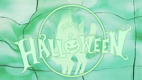happy halloween text animation over green background with spooky cat silhouette