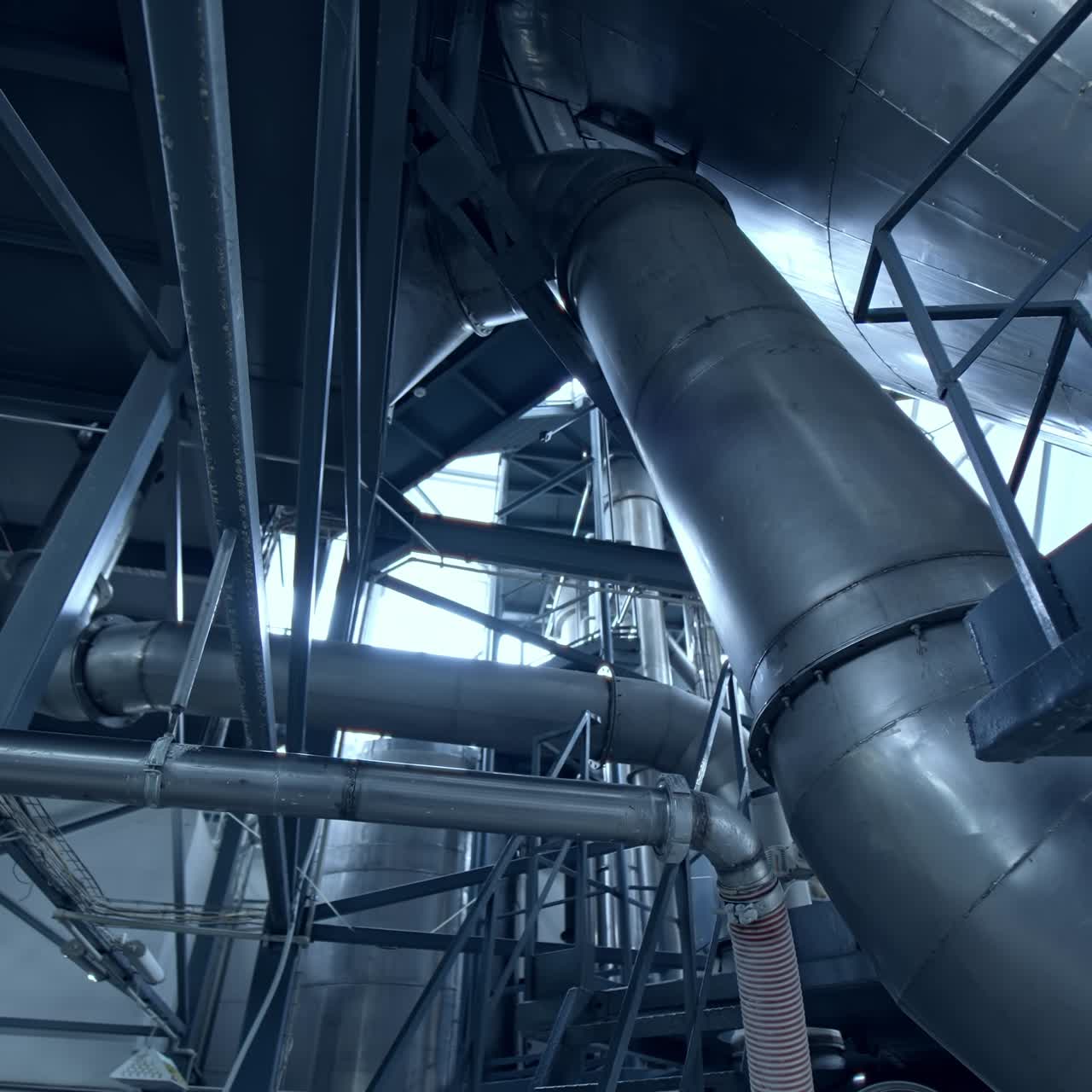 Diary food industry milk production. New technological milk factory with steel tubes