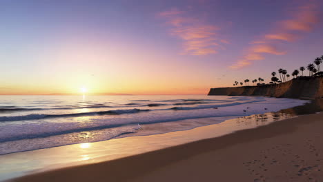 sunset beach scene with cliffs and palm trees