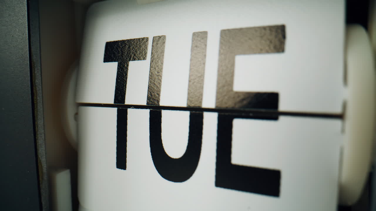 Closeup clock calendar flipping indoors. Macro view days names changing indoors