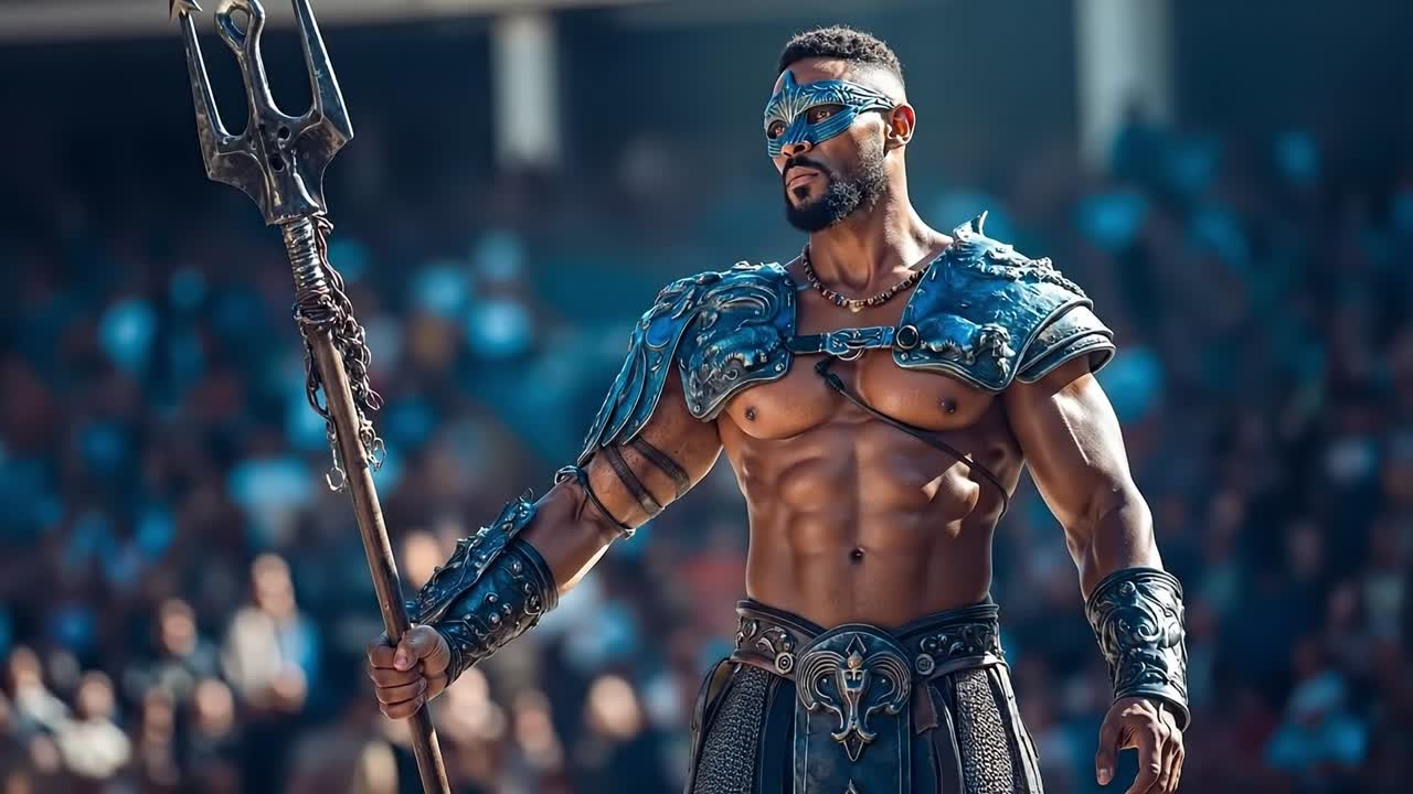 A man dressed as a warrior holding a trident in front of a crowd