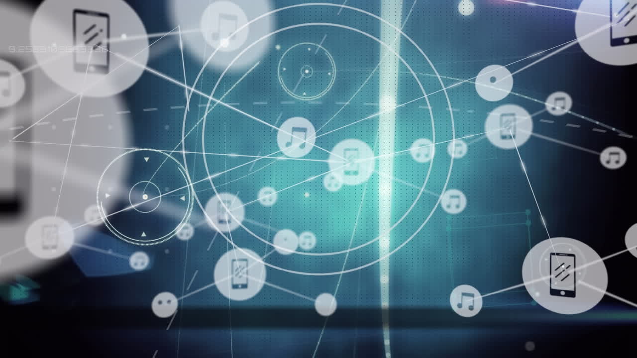 검은색 배경에 아이콘과 빛의 흔적을 가진 연결 네트워크의 애니메이션