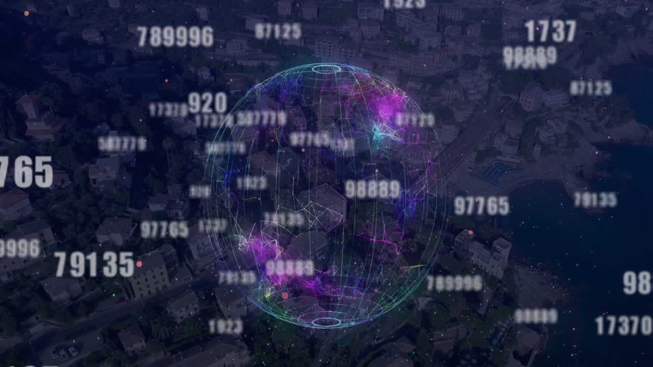 데이터 처리 및 도시 풍경 위의 지구의 애니메이션