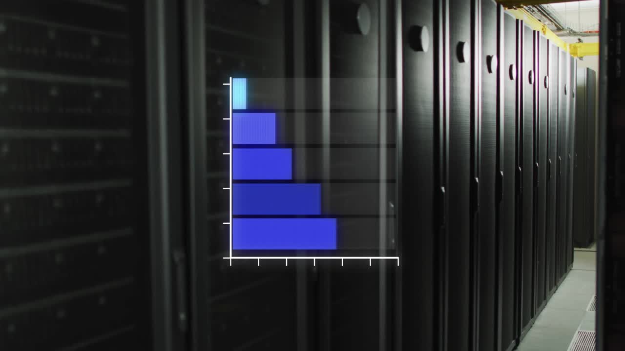 Animation of blue graph over computer server room