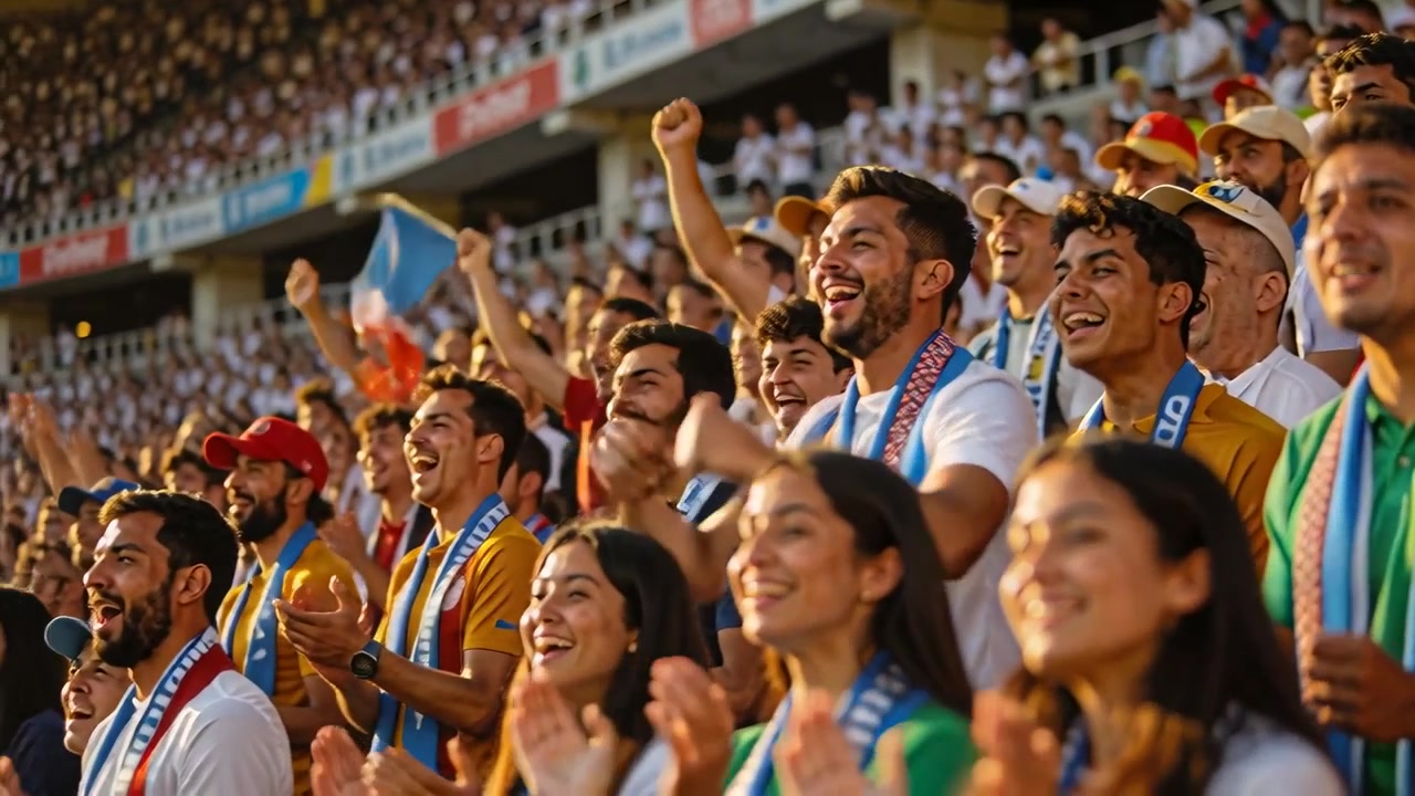 Cámara alejándose revelando a un aficionado con camiseta de rayas gritando, aficionados levantándose y agitando bufandas en el estadio.