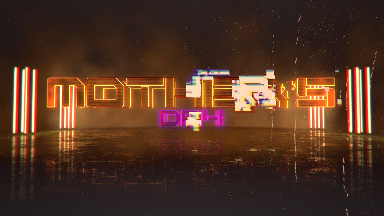 día de la madre con luces de neón y lluvia en la calle de la ciudad ciberpunk