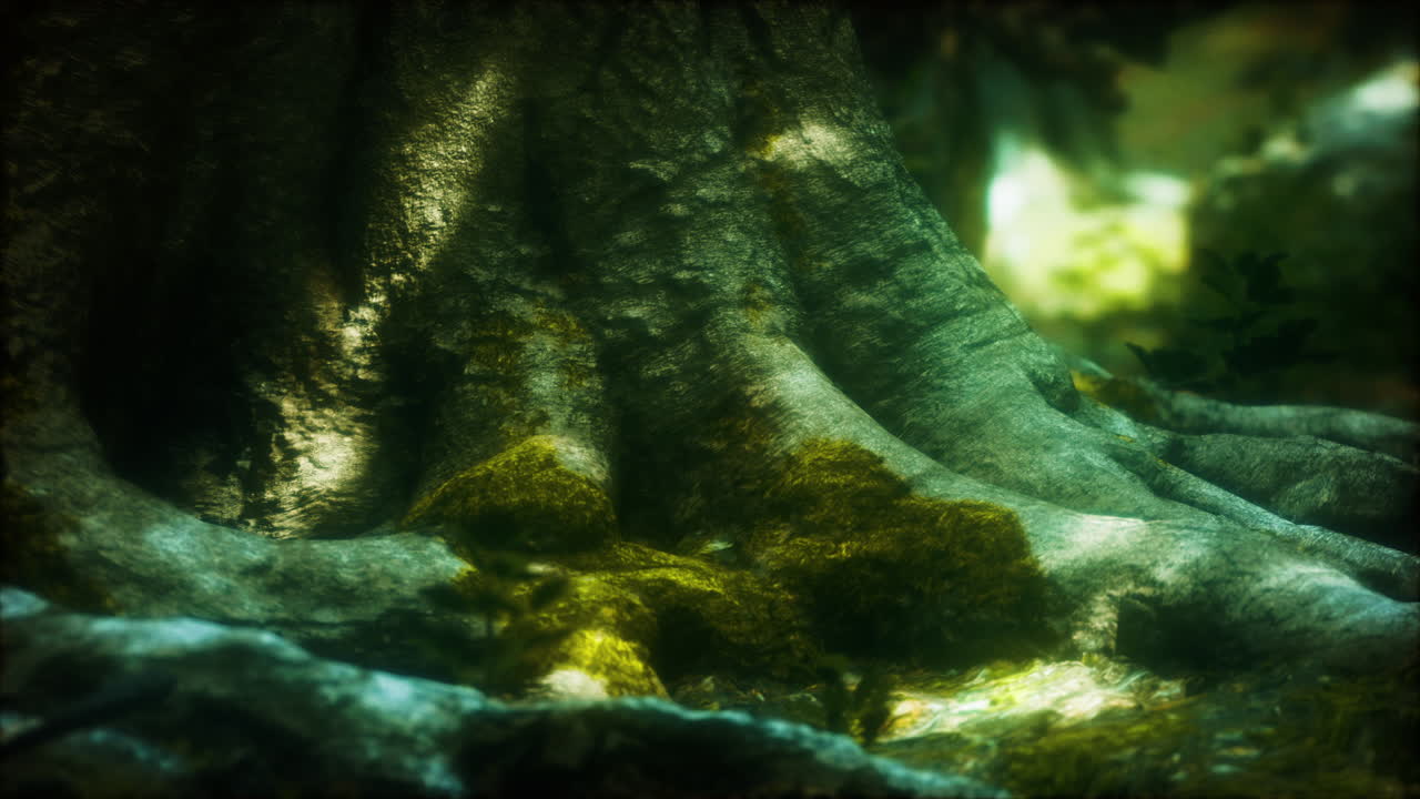 緑の森の根にモスが付いている木