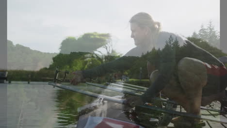 adjusting fishing rod, man by serene lake with trees in background