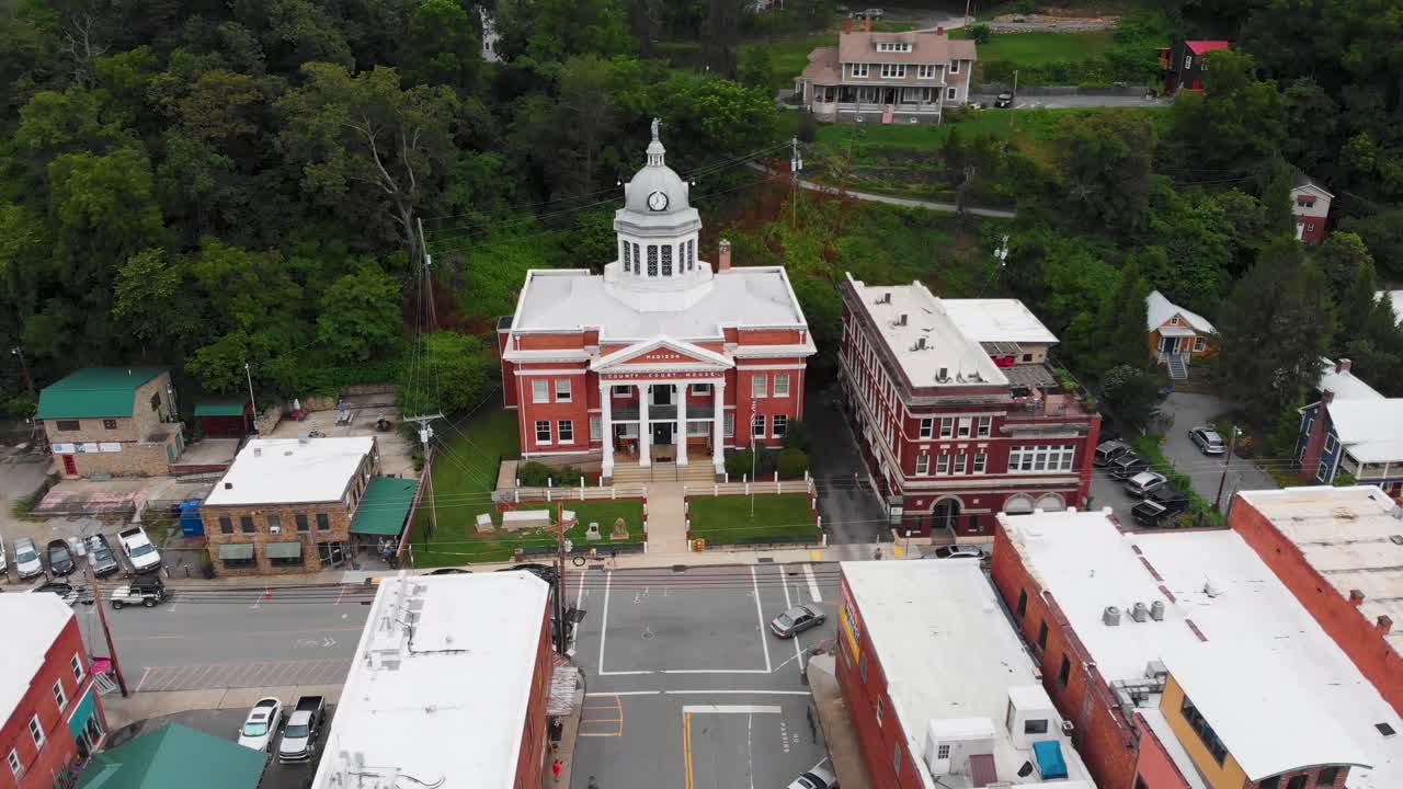 4K Aerial Drone Video of Historic Madison County Courthouse in Downtown Marshall, NC (2021)