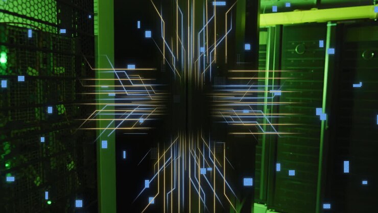 Animation of ai data processing and connections over black background