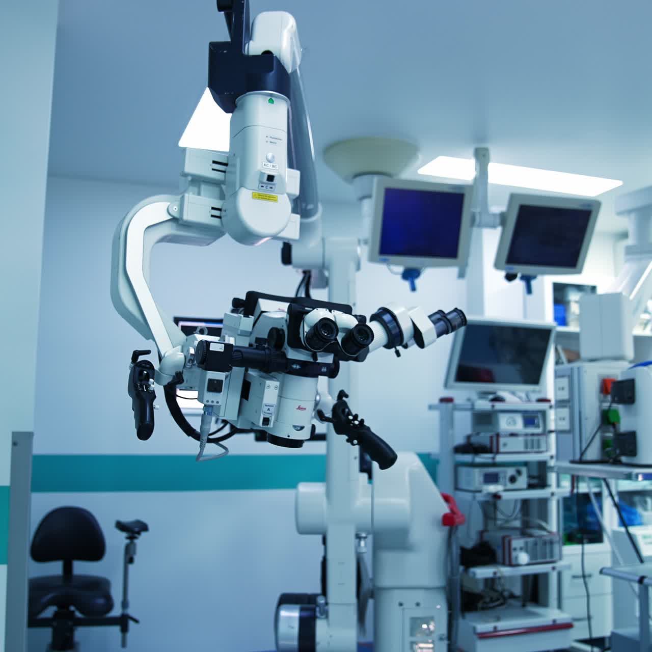 Moving among the diverse technical appliances and equipment in surgery room. Well-equipped operational theatre ready for surgery