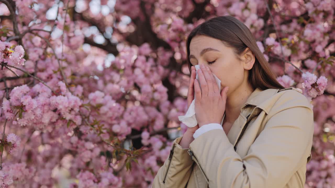 Woman with Allergies Under Cherry Blossoms